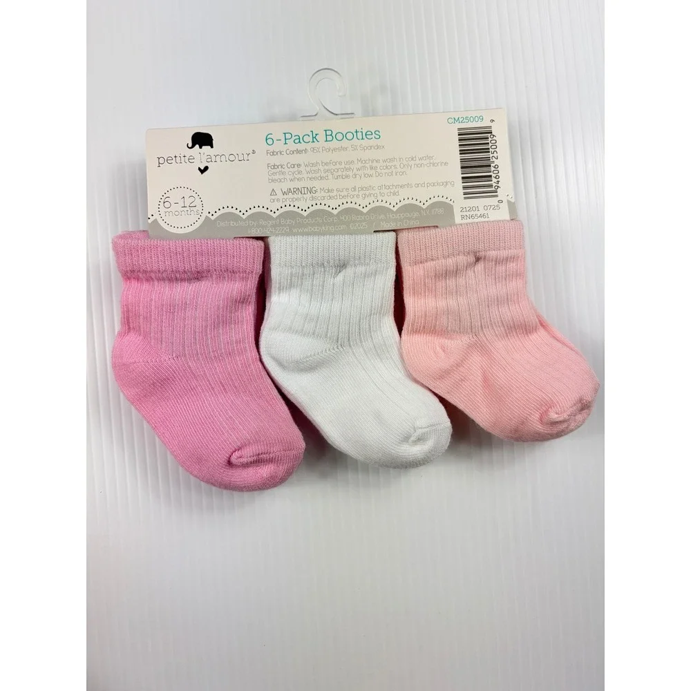 Petite L'amour Booties Baby Girls 6-Pack Socks Pink White Ribbed Newborn 6-12M